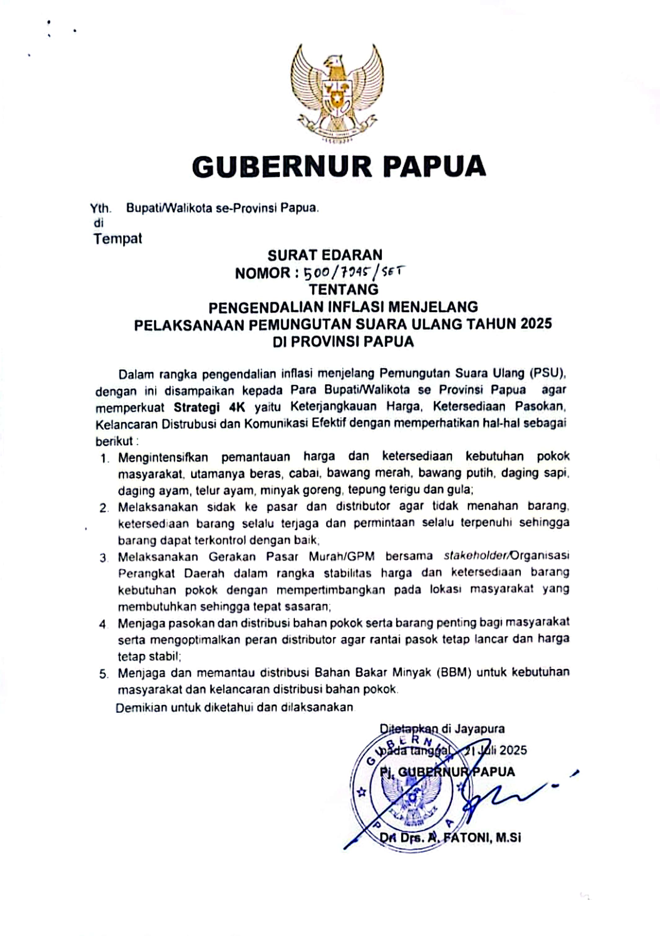 Edaran Tentang Pengendalian Inflasi Menjelang Pelaksanaan Pemungutan Suara Ulang Tahun 2025 di Provinsi Papua.